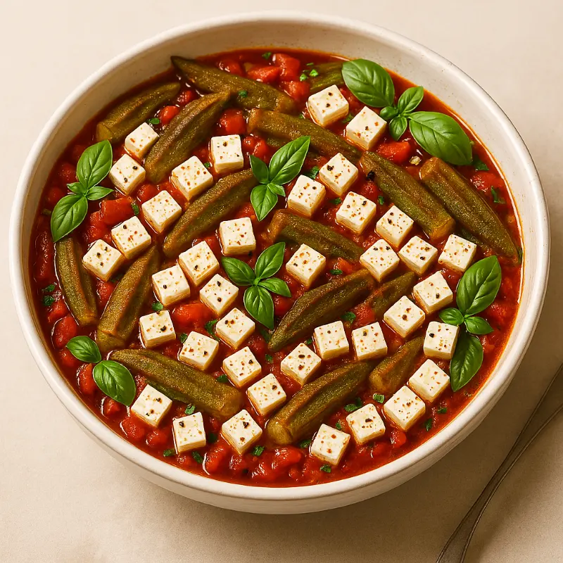 Okras in tomato sauce with white cheese