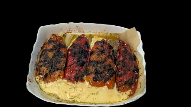 Roasted peppers stuffed with cheese mix and eggs