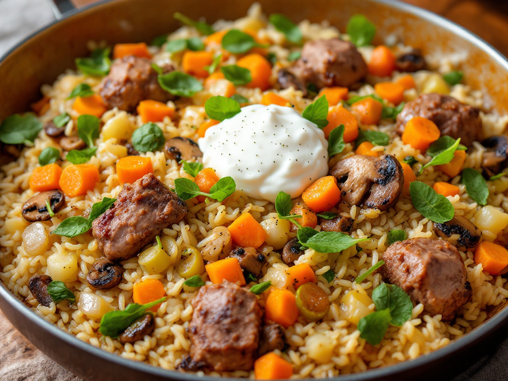 Smoky rice and spinach bake with mushrooms and kulen