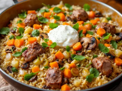 Smoky rice and spinach bake with mushrooms and kulen