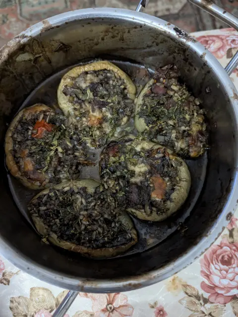 Squid Ink Risotto-Stuffed Bell Peppers with Cherry Tomatoes and Mozzarella