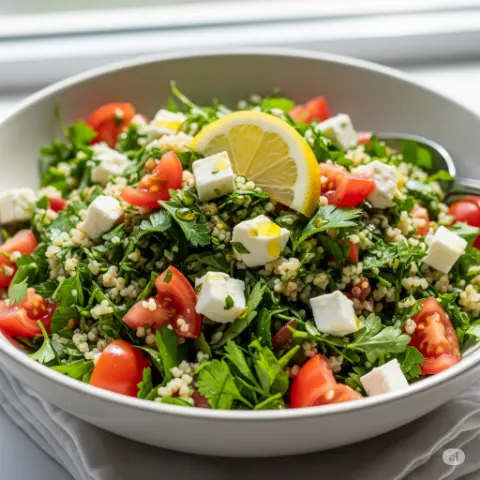Tabbouleh salad with white cheese - bulgur and fresh vegetables and white cheese