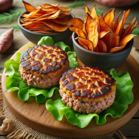 Tuna Burger with sweet potato chips 